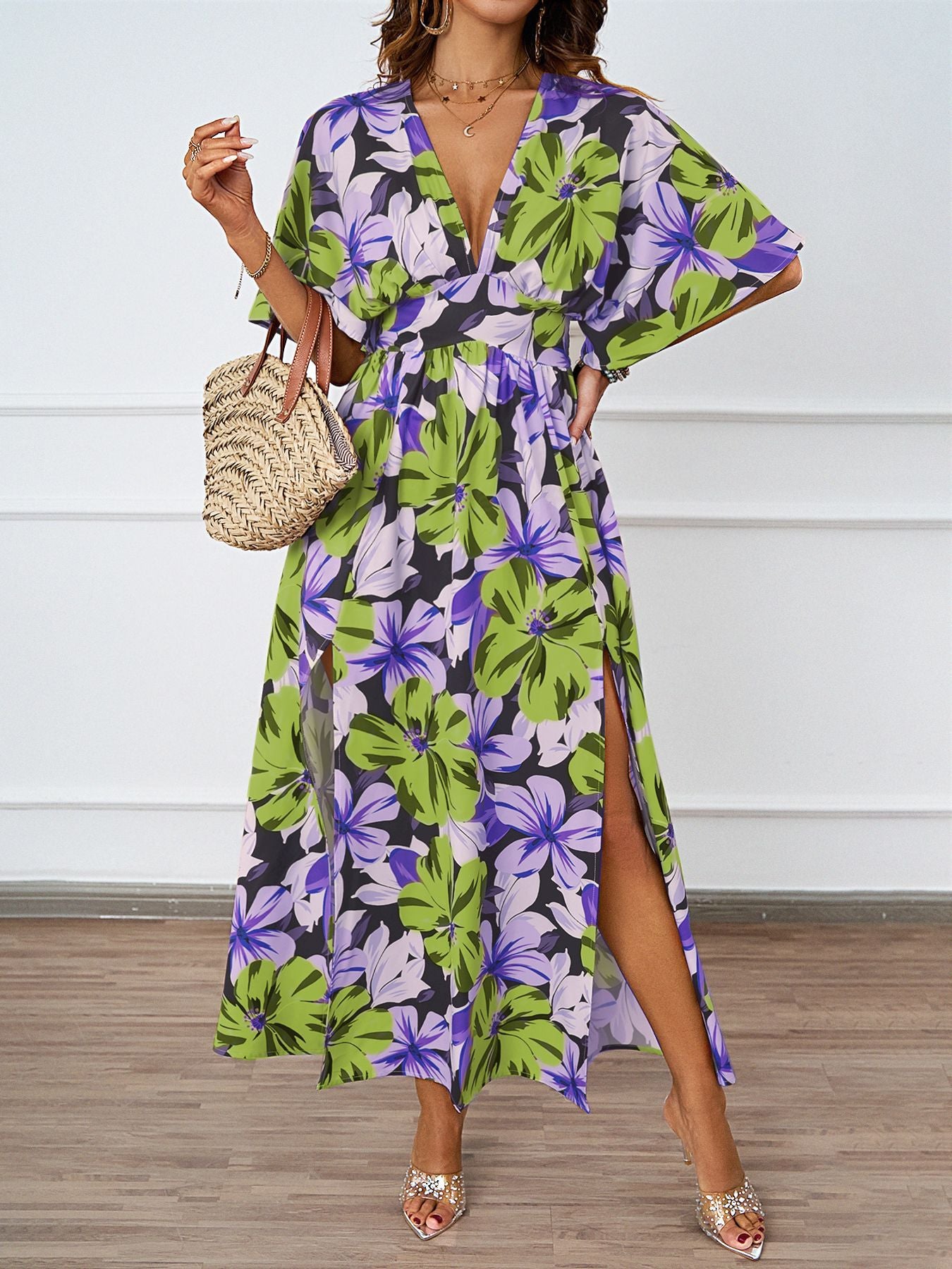Robe maxi florale femme avec décolleté en V profond et fentes latérales Chic und Stil
