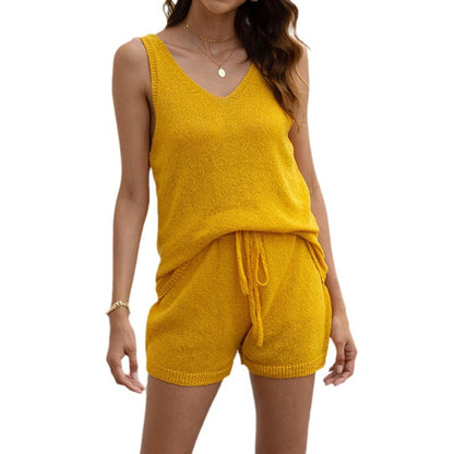 Ensemble de shorts en tricot pour femmes avec décolleté en V et taille réglable Chic und Stil
