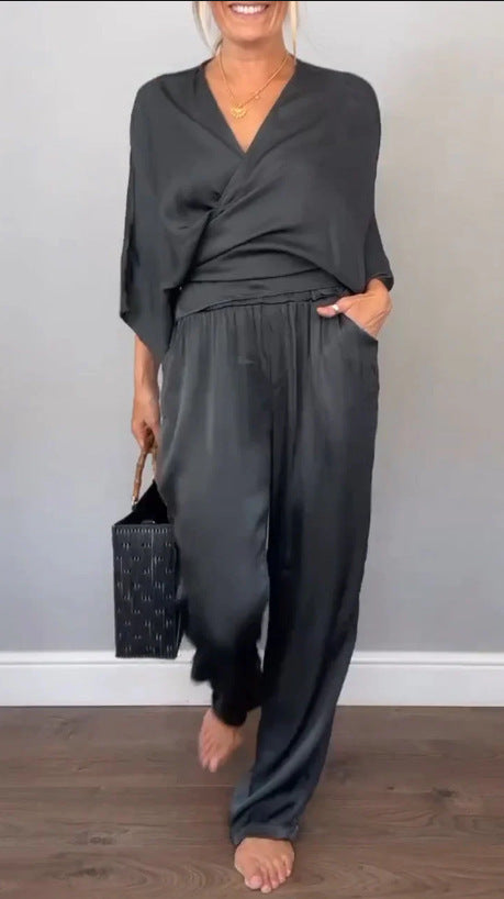 Women Elegant Wrap High-End with Loose Cut and Matching Palazzo Pants Chic and Style