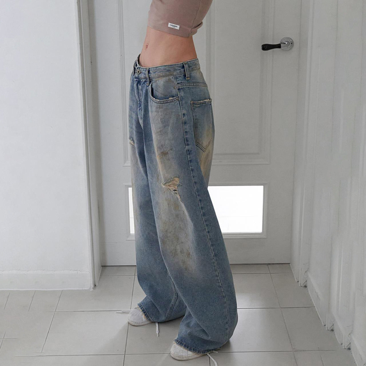Dames Jeans à coupe large en look usé Chic und Stil