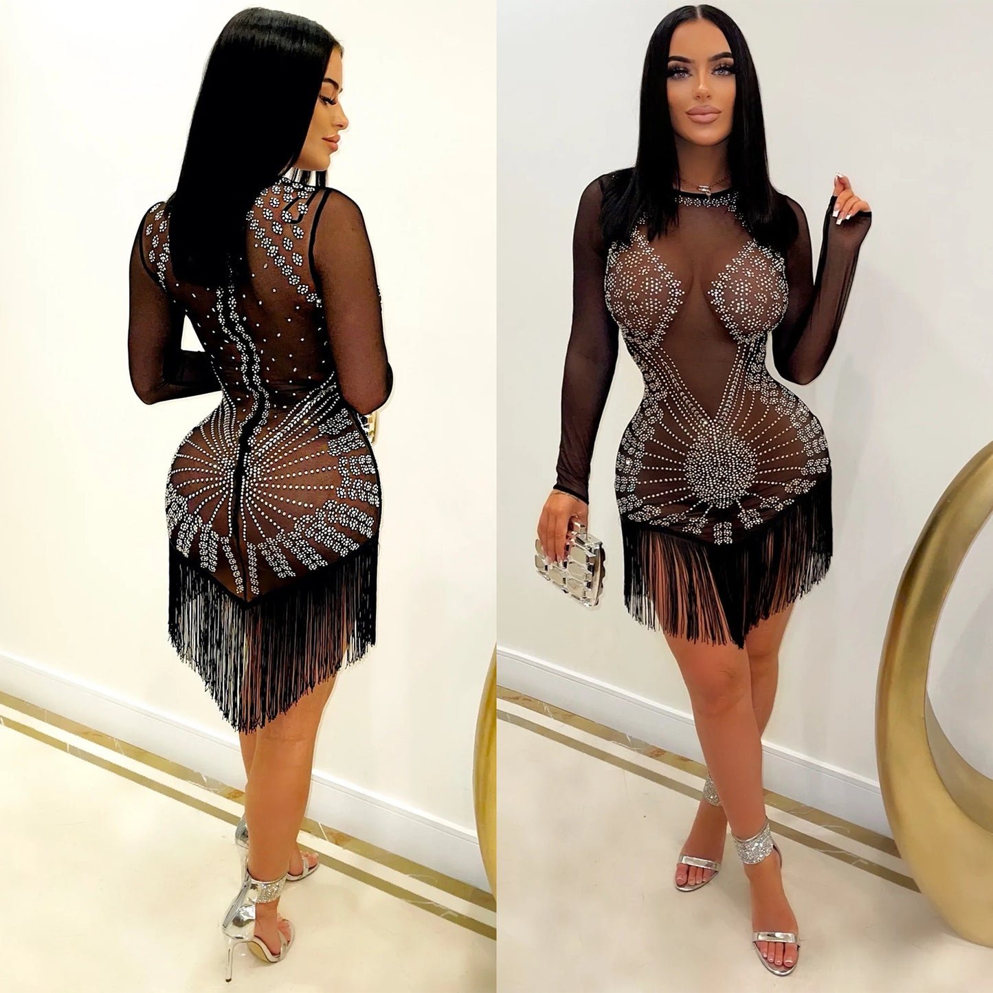 Robe mini à franges ornée de cristaux pour femmes Chic und Stil
