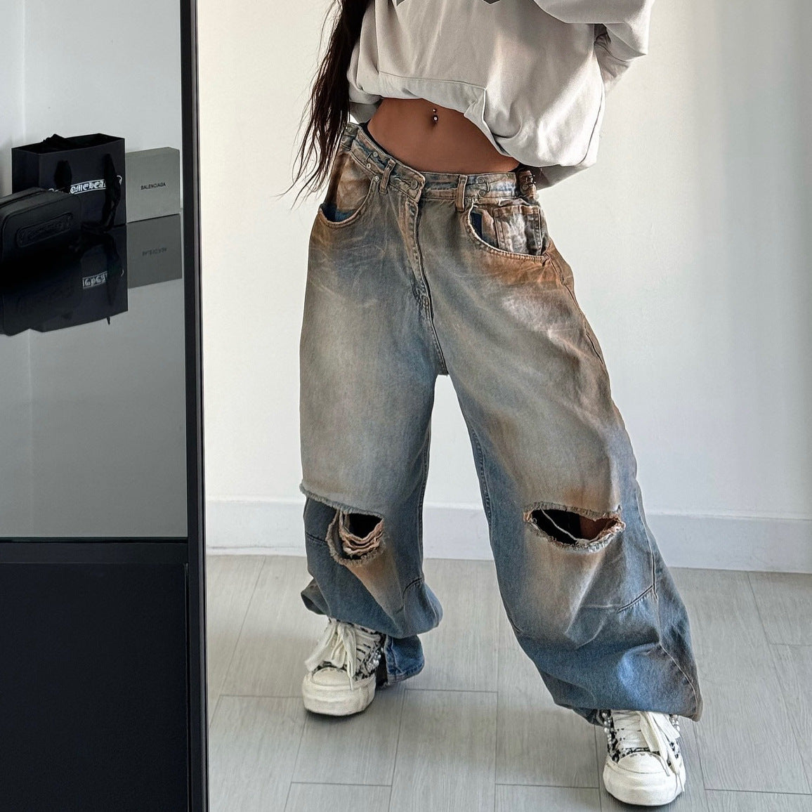 Dames baggy jeans avec design vieilli et détails détruits créatifs Chic und Stil