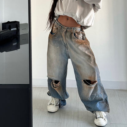 Dames baggy jeans avec design vieilli et détails détruits créatifs Chic und Stil