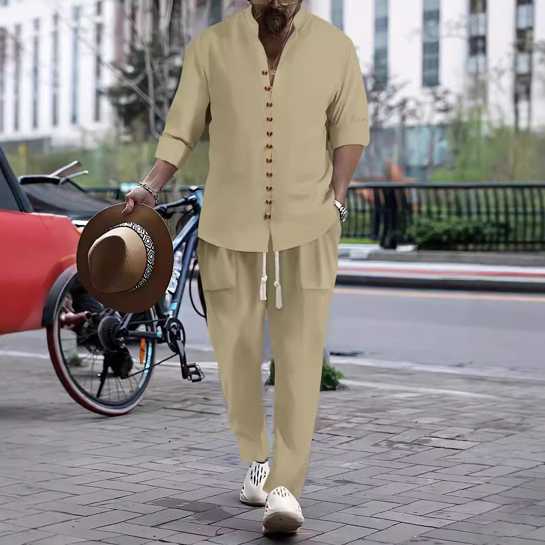 Men's Casual Button-Up Shirt and Relaxed Fit Pants Set Chic and Style