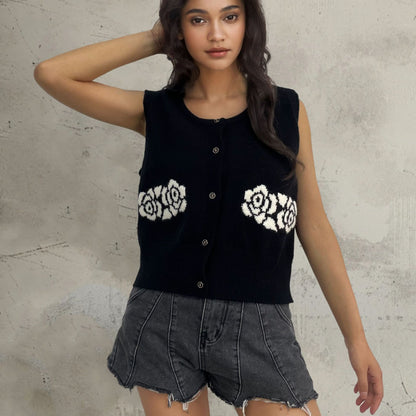 Dames gilet en tricot avec design floral et boutons confortables Chic und Stil