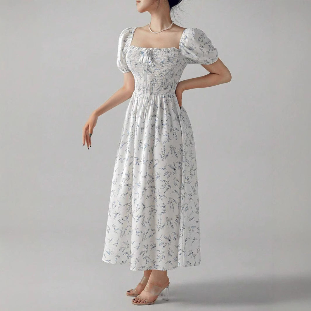 Dames Fleurs Manches Puff Maxi Robe Chic und Stil