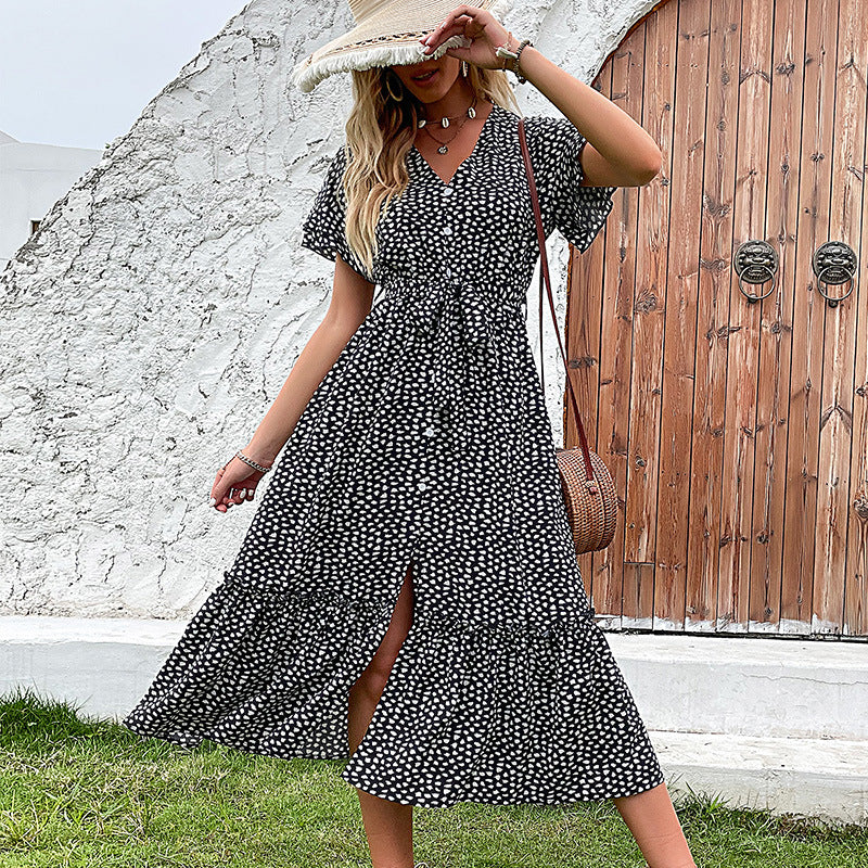 Robe maxi élégante à pois pour femmes avec lien de taille ajustable Chic und Stil