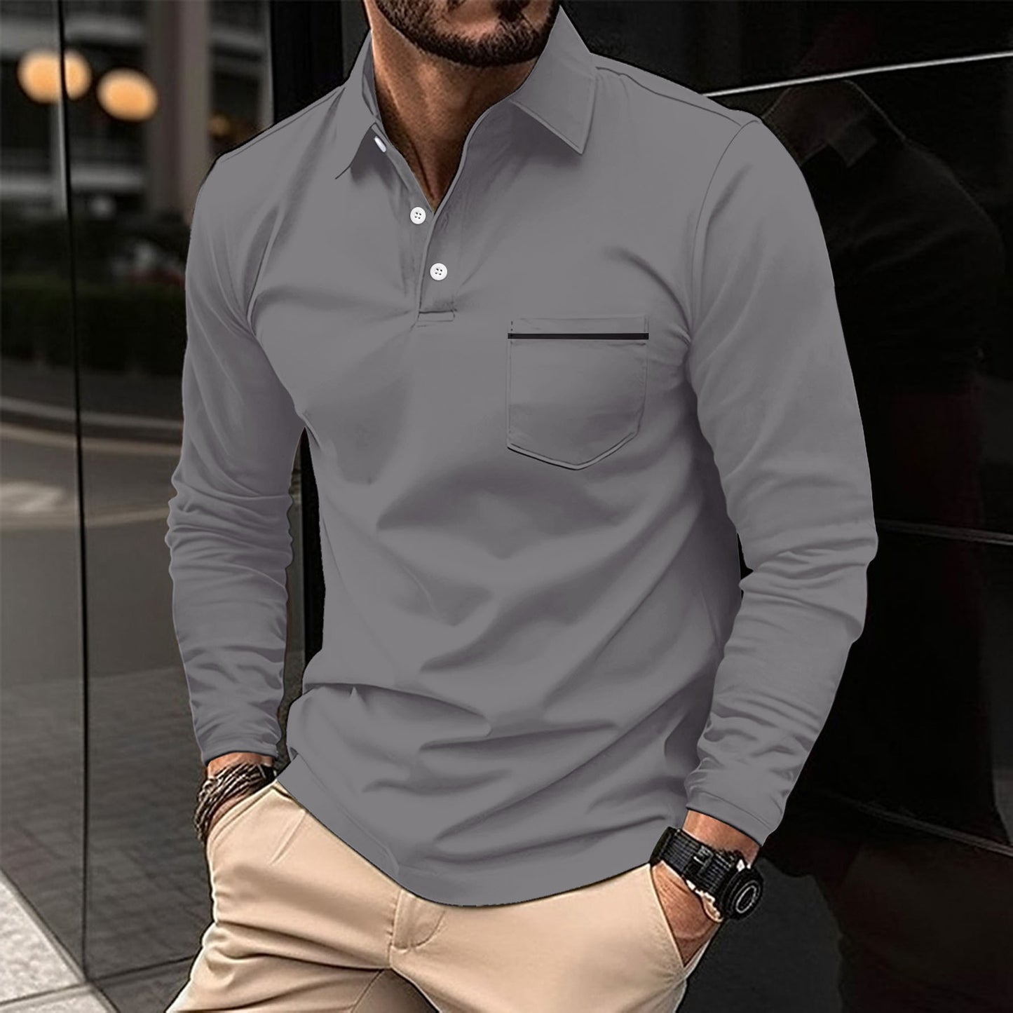 Men's Long Sleeve Polo with Trendy Stand-Up Collar and Practical Chest Pocket Chic and Style