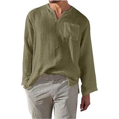Chemise en lin pour hommes à manches longues avec col Henley et poche poitrine Chic und Stil