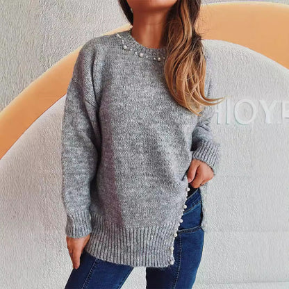 Pull en grosse maille pour femmes avec décolleté à perles et ourlet asymétrique Chic und Stil