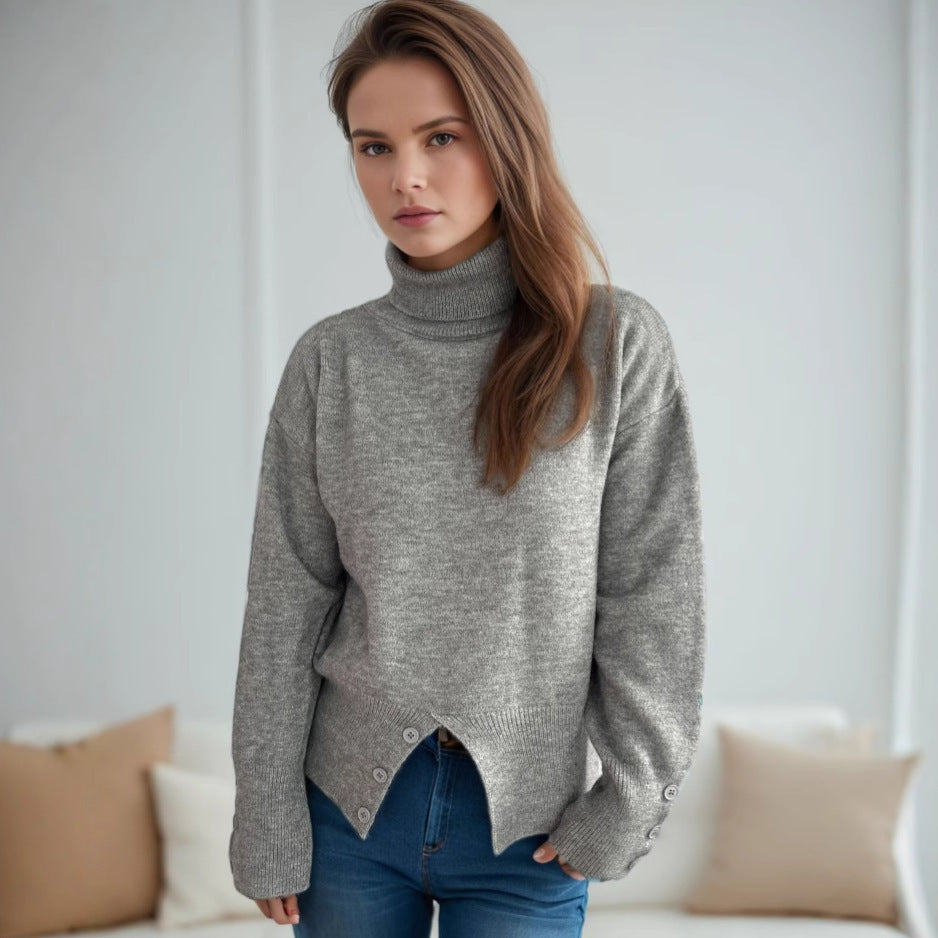 Pull col roulé tendance pour femmes avec détails de boutons et ourlet asymétrique Chic und Stil