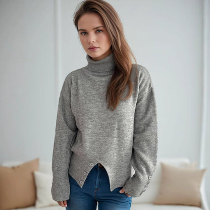 Pull col roulé tendance pour femmes avec détails de boutons et ourlet asymétrique Chic und Stil
