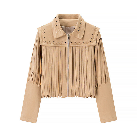 Fringed jacket for women with decorative studs and zipper Chic und Stil