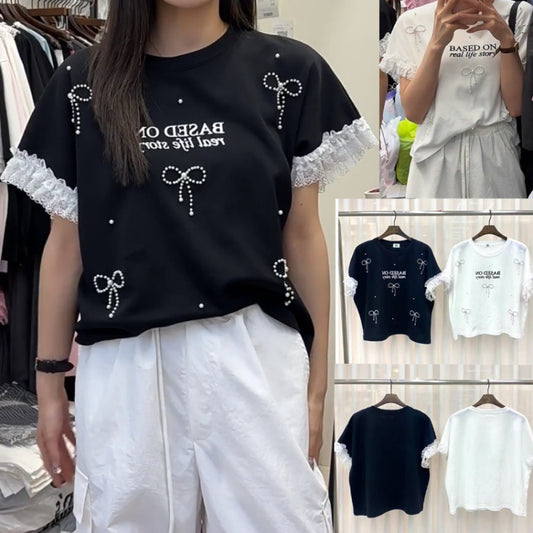 T-shirt graphique décontracté pour femmes avec accents en dentelle Chic und Stil