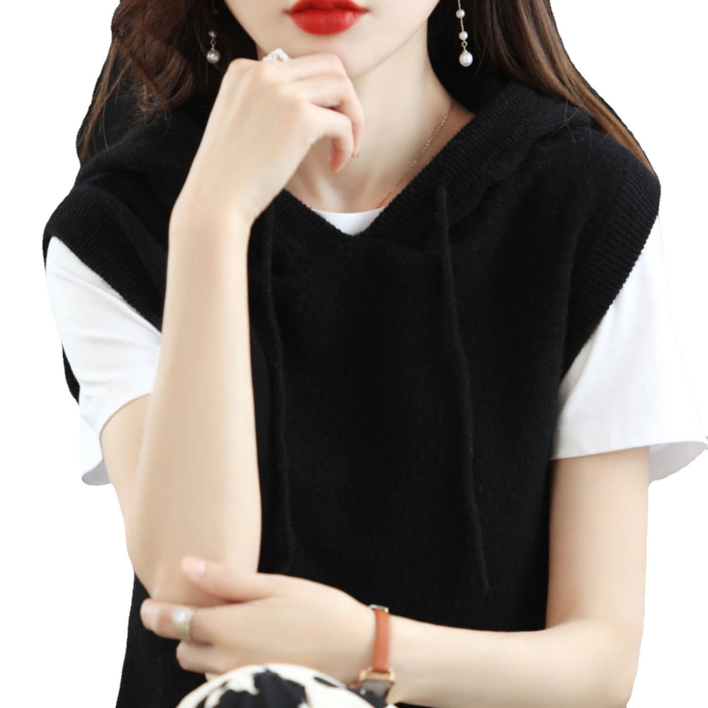 Pull à capuche pour femmes avec design sans manches et élégant décolleté en V Chic und Stil