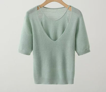 Pull en tricot à col V décontracté pour femme à manches courtes Chic und Stil