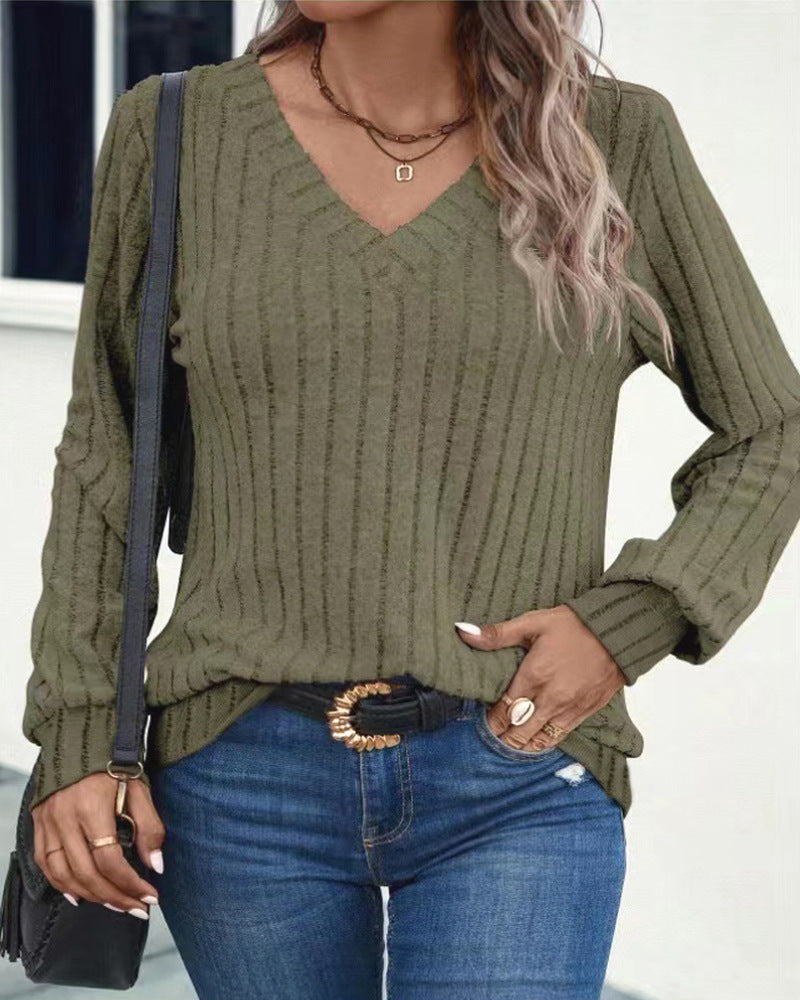 Pull-over à côtes avec col V pour dames à manches longues Chic und Stil