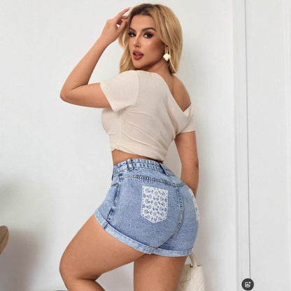 Shorts en jean taille haute pour femmes avec ourlet retourné à la mode Chic und Stil