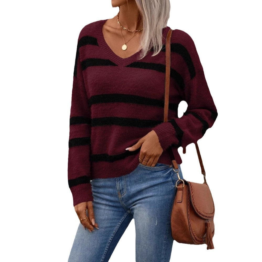 Pull femme avec décolleté en V, rayures larges et matière douce Chic und Stil