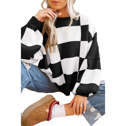 Pull oversized pour femmes à motif écossais et manches volumineuses Chic und Stil