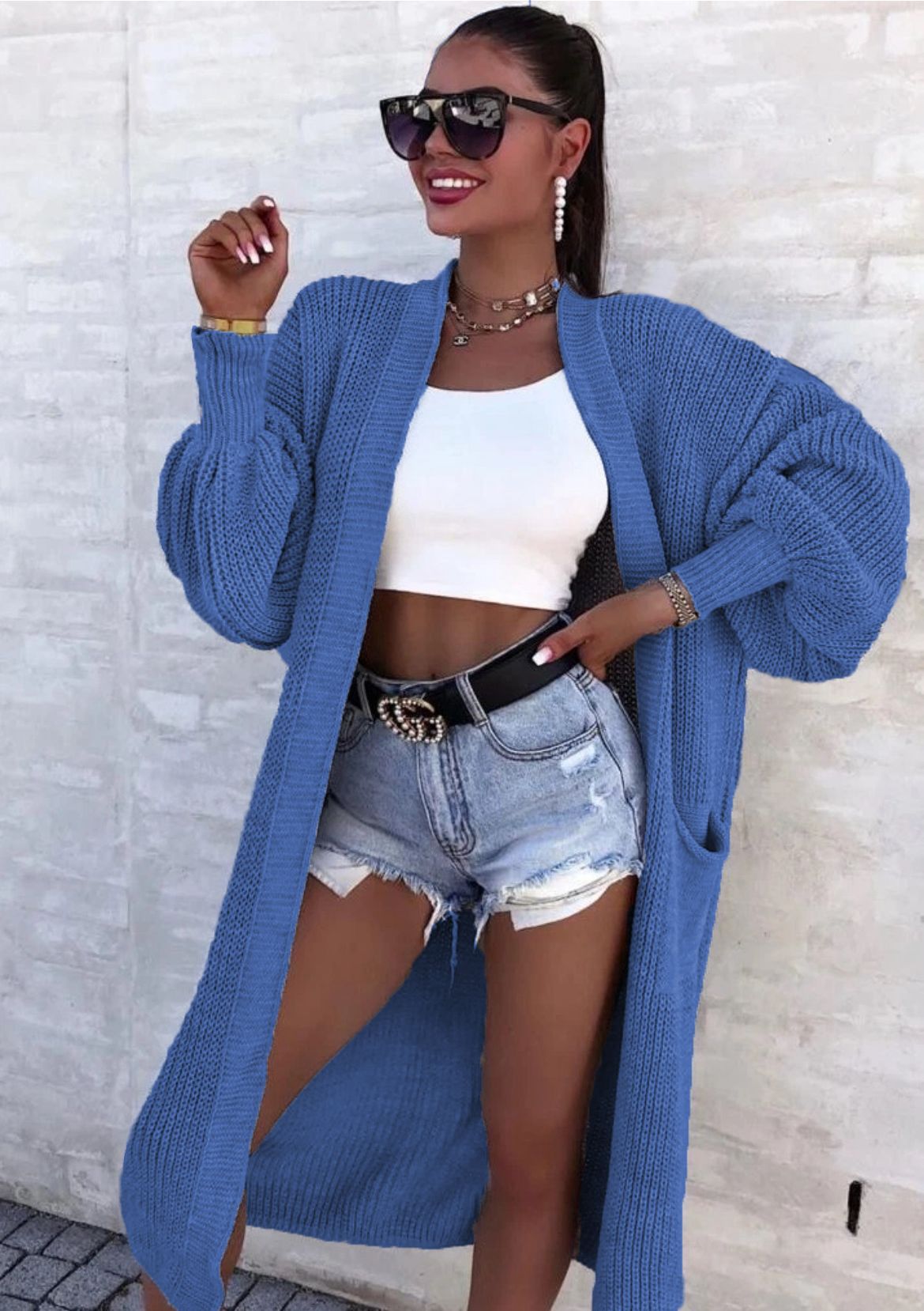 Dames carte tricot décontractée avec décolleté en V profond et poches généreuses Chic und Stil