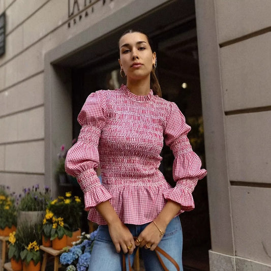 Blouse à volants pour femmes avec motif gingham et élégants manches bouffantes Chic und Stil