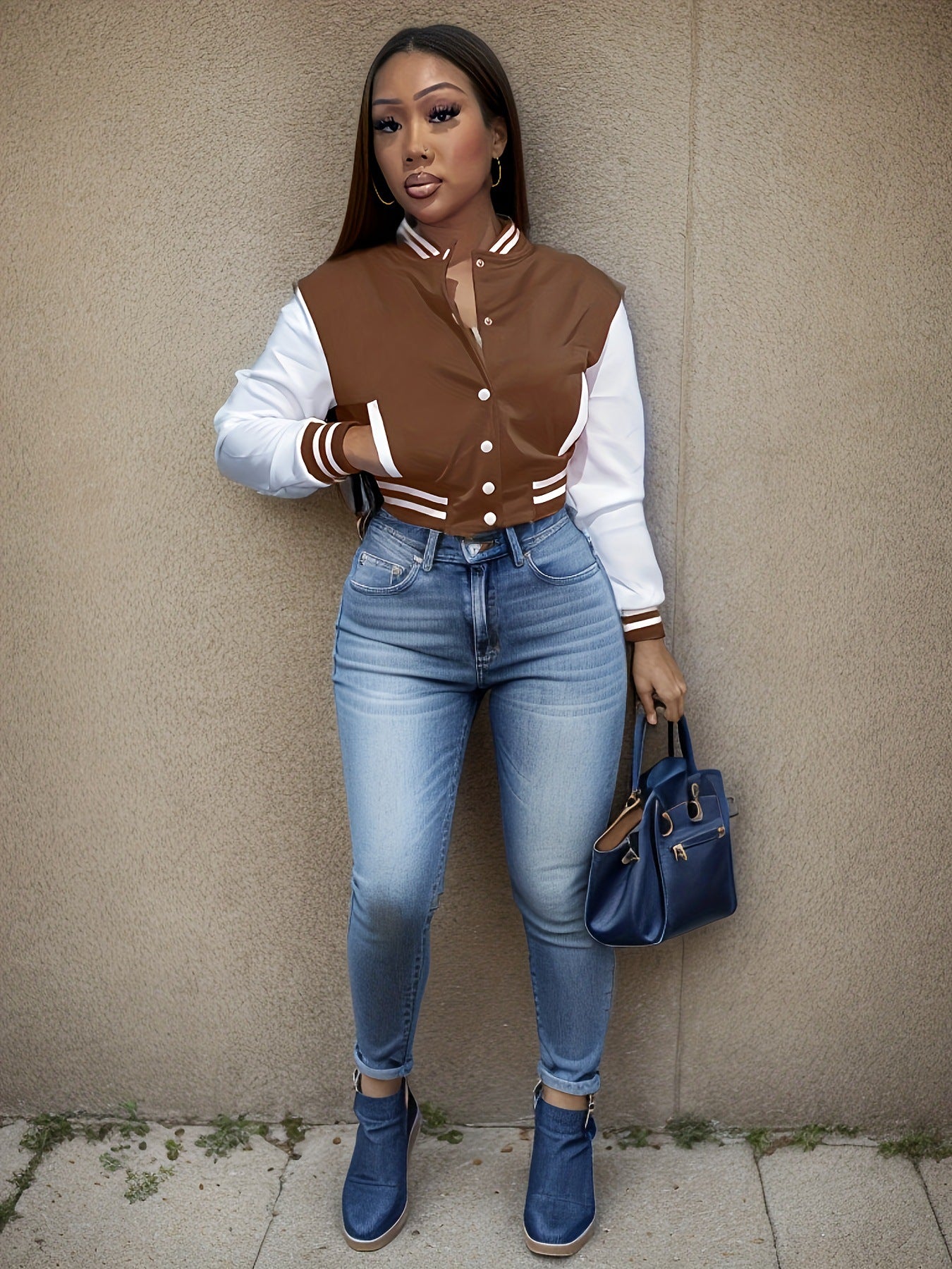 Women's college jacket with contrasting sleeves and a structured collar Chic and Style