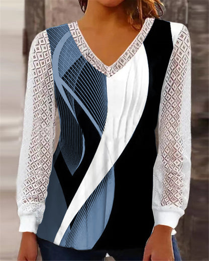 Dames Haut à manches longues en V avec un motif géométrique attrayant Chic und Stil