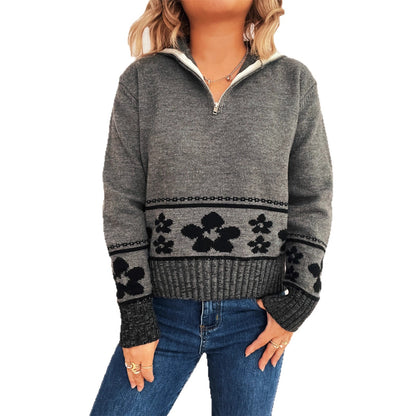 Dames pull en grosse maille avec motifs floraux et manches trois-quarts pratiques Chic und Stil