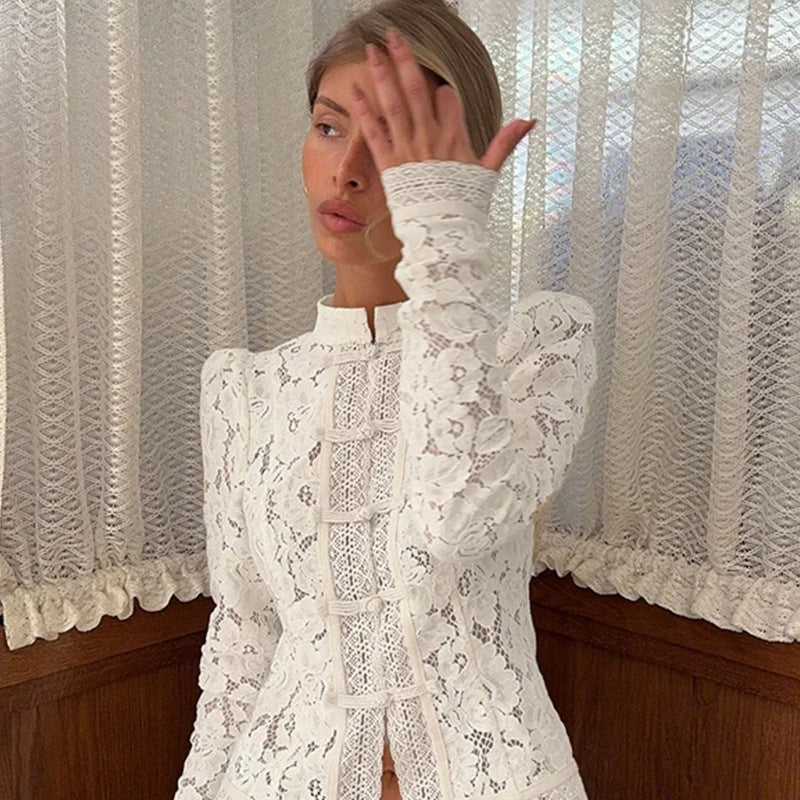 Chemisier en dentelle pour femmes avec de fins détails froncés et des manches transparentes Chic und Stil