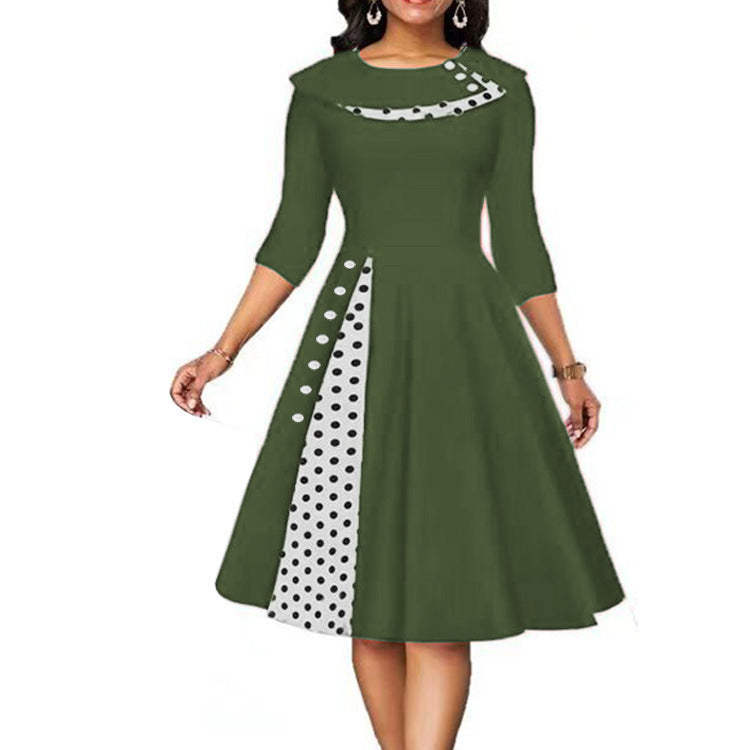 Femme Élégante Midi-Robe à Pois et Détail de Contraste Latéral Chic und Stil