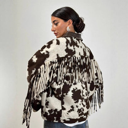 Fringed oversized jacket for women with cow print Chic and Style