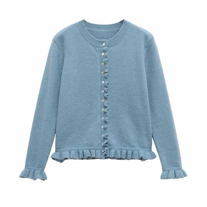 Dames cardigan en tricot confortable avec des boutons décoratifs et un design à volants tendance Chic und Stil