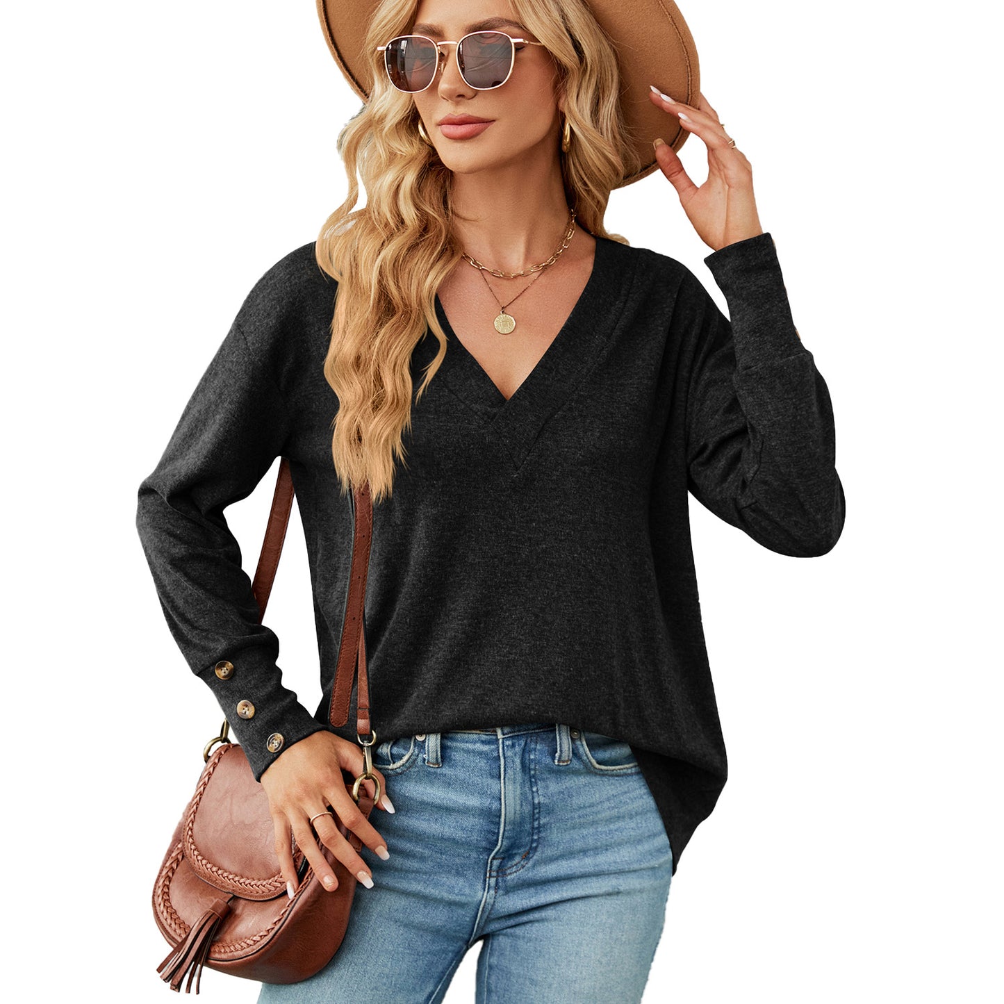 Dames oversized V-encolure pull avec des détails de bouton à la mode Chic und Stil