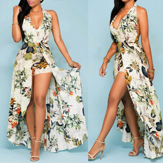 Robe maxi à fente haute imprimé tropical pour femmes Chic und Stil