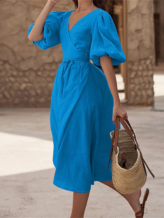 Robe maxi portefeuille pour femmes avec manches bouffantes et ceinture à nouer Chic und Stil
