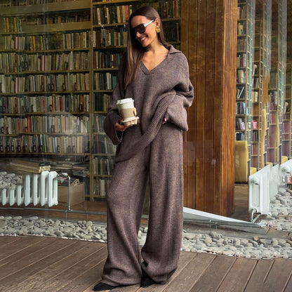 Women High-Quality Knit Set with Loose Top and Casual Palazzo Pants Chic and Style