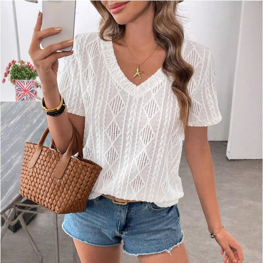 Blouse à manches courtes en tricot à motif losange pour femmes Chic und Stil