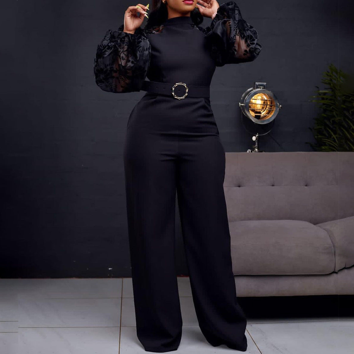 Dames Élegant Salopette avec des manches transparentes et une ceinture cintrée Chic und Stil