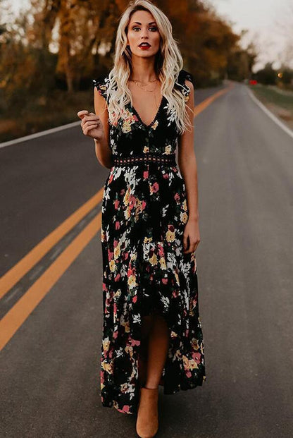 Dames Floral Haut-Bas Robe Maxi Chic und Stil