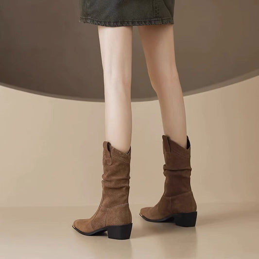 Chic und Stil | Boots - Suede look - Thigh high - Pointed metal cap - Block heel