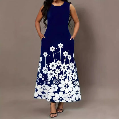 Robe maxi femme avec accents floraux et poches latérales