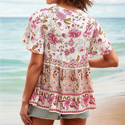 Tunique top boho à fleurs pour femmes avec détails de bouton Chic und Stil
