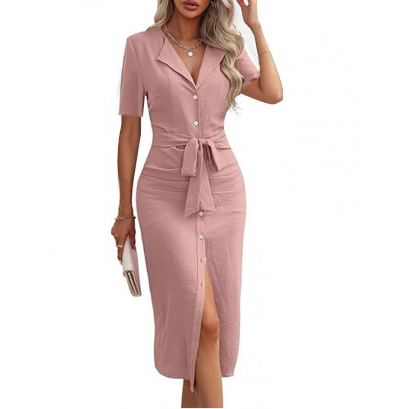 Robe midi élégante pour femmes avec détails de boutons et ceinture à la taille Chic und Stil
