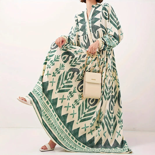 Robe maxi femme avec motif géométrique artistique et détails de boutons Chic und Stil
