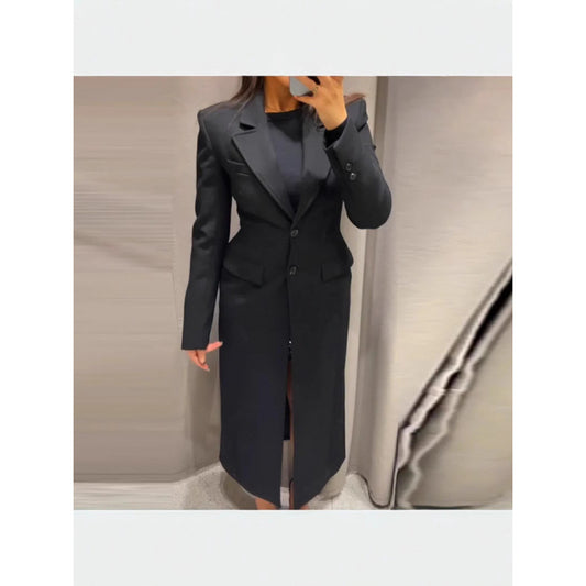 Dames élégant long blazer avec silhouette étroite et détails classiques Chic und Stil