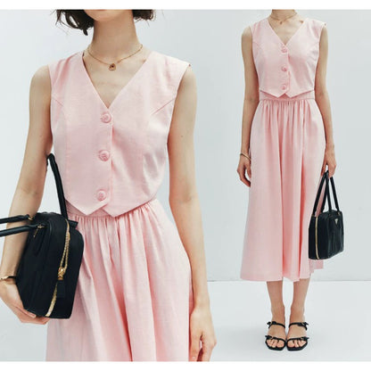 Robe maxi sans manches élégante pour femme avec gilet boutonné Chic und Stil