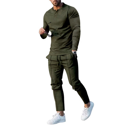 Athletic leisure outfit for men with long sleeve Henley top and comfortable jogging capri pants Chic and Style