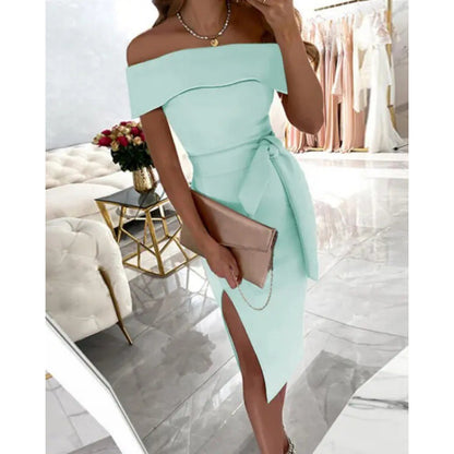 Robe bodycon élégante pour femmes à épaules dénudées avec fente latérale et détail de nœud Chic und Stil