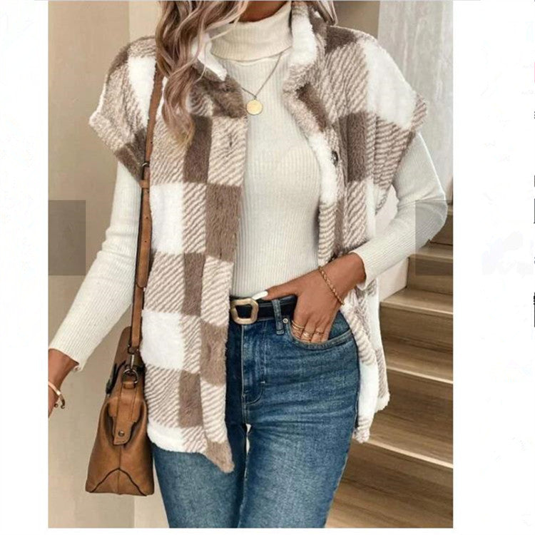 Dames Gîte Fleece-Veste à Motif Carreaux Chic und Stil